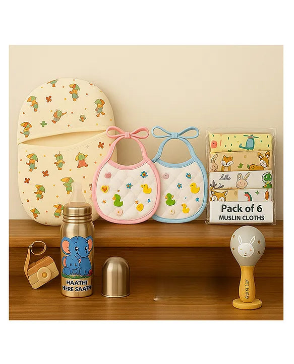 KIDS BASIC Newborn Essentials Gift Combo | Muslin Warm Sleeping Bag + Stainless Steel Feeding Bottle + 6 Muslin Hankies + 3 Knot Bibs + Wooden Rattle- Horse + Elephant + Silver
