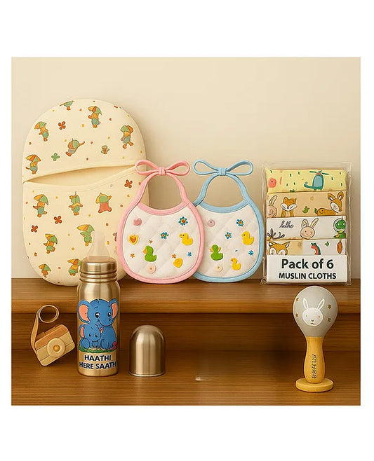 KIDS BASIC Newborn Essentials Gift Combo | Muslin Warm Sleeping Bag + Stainless Steel Feeding Bottle + 6 Muslin Hankies + 3 Knot Bibs + Wooden Rattle- Horse + Elephant + Silver