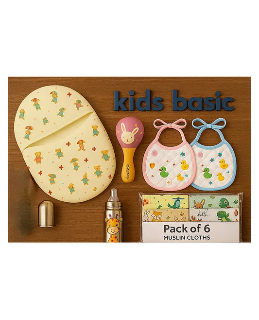 KIDS BASIC Newborn Essentials Gift Combo | Muslin Warm Sleeping Bag + Stainless Steel Feeding Bottle + 6 Muslin Hankies + 3 Knot Bibs + Wooden Rattle- Horse + Giraffe + Purple