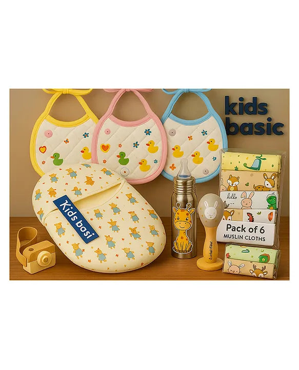 KIDS BASIC Newborn Essentials Gift Combo | Muslin Warm Sleeping Bag + Stainless Steel Feeding Bottle + 6 Muslin Hankies + 3 Knot Bibs + Wooden Rattle- Horse + Giraffe + Silver