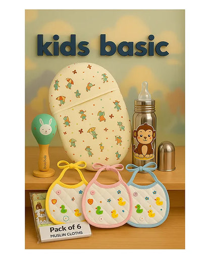 KIDS BASIC Newborn Essentials Gift Combo | Muslin Warm Sleeping Bag + Stainless Steel Feeding Bottle + 6 Muslin Hankies + 3 Knot Bibs + Wooden Rattle- Horse + Monkey + Green
