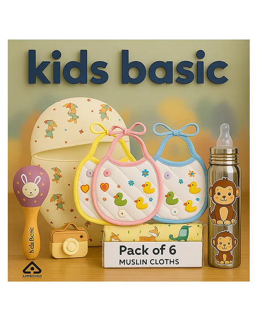 KIDS BASIC Newborn Essentials Gift Combo | Muslin Warm Sleeping Bag + Stainless Steel Feeding Bottle + 6 Muslin Hankies + 3 Knot Bibs + Wooden Rattle- Horse + Monkey + Purple