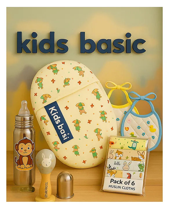 KIDS BASIC Newborn Essentials Gift Combo | Muslin Warm Sleeping Bag + Stainless Steel Feeding Bottle + 6 Muslin Hankies + 3 Knot Bibs + Wooden Rattle- Horse + Monkey + Silver