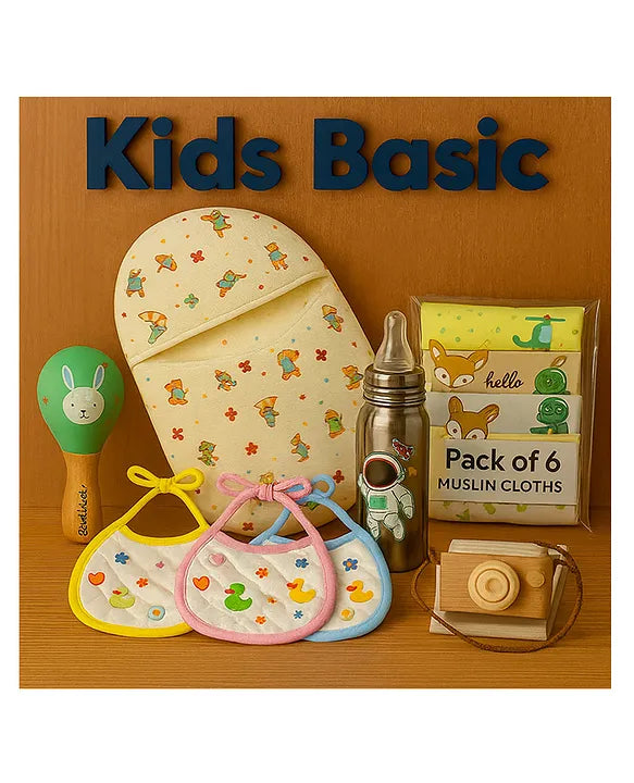 KIDS BASIC Newborn Essentials Gift Combo | Muslin Warm Sleeping Bag + Stainless Steel Feeding Bottle + 6 Muslin Hankies + 3 Knot Bibs + Wooden Rattle- Horse +Astronaut + Green