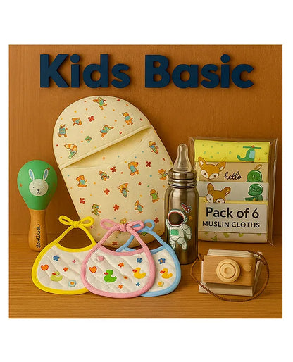 KIDS BASIC Newborn Essentials Gift Combo | Muslin Warm Sleeping Bag + Stainless Steel Feeding Bottle + 6 Muslin Hankies + 3 Knot Bibs + Wooden Rattle- Horse +Astronaut + Green