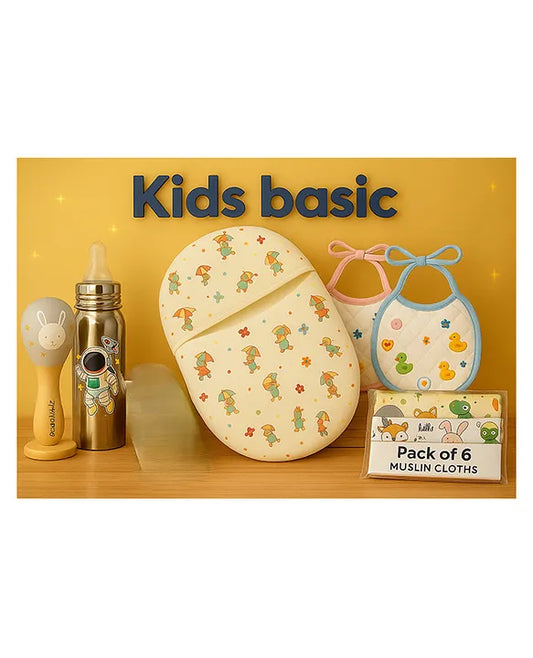 KIDS BASIC Newborn Essentials Gift Combo | Muslin Warm Sleeping Bag + Stainless Steel Feeding Bottle + 6 Muslin Hankies + 3 Knot Bibs + Wooden Rattle- Horse +Astronaut + Silver