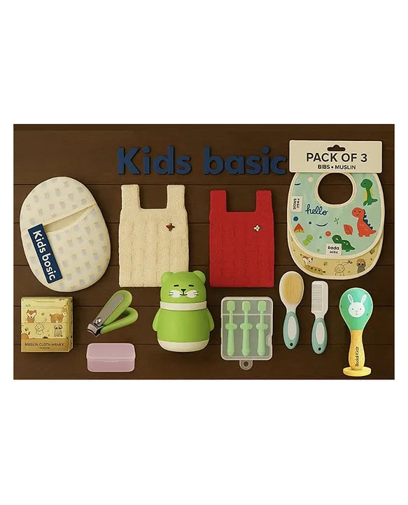 KIDS BASIC Newborn Essential Combo-Muslin Sleeping Bag,Teddy Powder Puff,Nail Cutter,Hair Brush & Comb,3 Bibs,5 Muslin Hankie,3-in-1 Brush,Wooden Rattle&2 Woolen Vest-Blue Stripes Print+G+G+G+ G+ G+MC