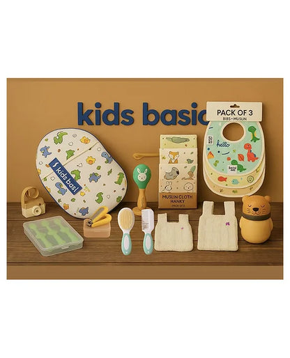 KIDS BASIC Newborn Essential Combo-Muslin Sleeping Bag,Teddy Powder Puff,Nail Cutter,Hair Brush & Comb,3 Bibs,5 Muslin Hankie,3-in-1 Brush,Wooden Rattle&2 Woolen Vest-Dino Print+ Y+ Y+G+G+G+WC