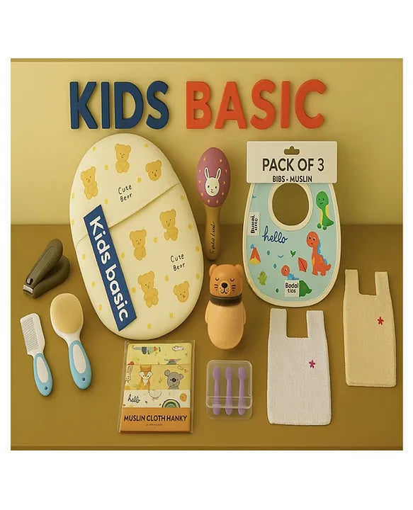 KIDS BASIC Newborn Essential Combo-Muslin Sleeping Bag,Teddy Powder Puff,Nail Cutter,Hair Brush & Comb,3 Bibs,5 Muslin Hankie,3-in-1 Brush,Wooden Rattle&2 Woolen Vest-Teddy Print+B+G+B+B+P+WC