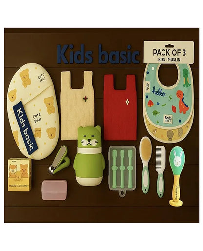 KIDS BASIC Newborn Essential Combo-Muslin Sleeping Bag,Teddy Powder Puff,Nail Cutter,Hair Brush & Comb,3 Bibs,5 Muslin Hankie,3-in-1 Brush,Wooden Rattle&2 Woolen Vest-Teddy Print+G+G+G+G+ G+MC