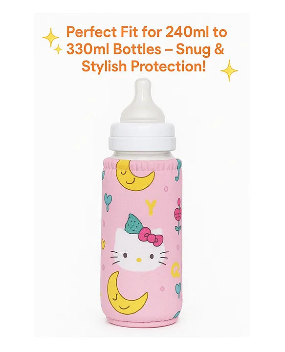 KIDS BASIC Soft & Durable Baby Feeding Bottle Cover Stretchable Soft Velvet Plush Cartoon Prints, Suitable UPTO 250ML - Pink, Yellow & Blue (Pack of 3)