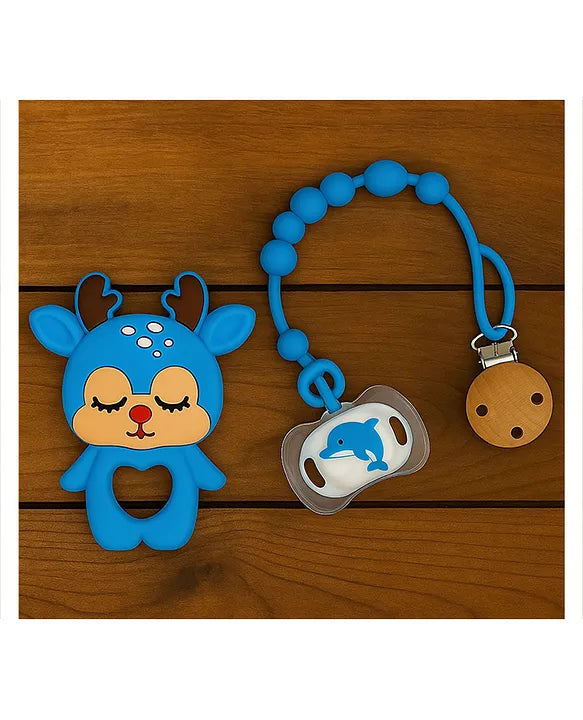 KIDS BASIC Baby Pacifier with Chain & Soft Reindeer Teether Combo ,Silicone, BPA Free