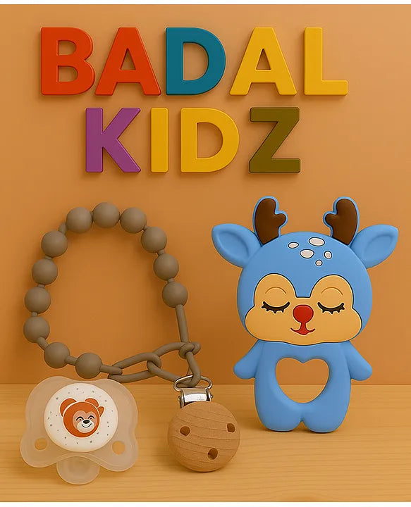 KIDS BASIC Baby Pacifier with Chain & Soft Reindeer Teether Combo ,Silicone, BPA Free